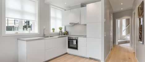 3 bedroom apartment, ground floor | Private kitchen | Fridge, oven, stovetop, dishwasher