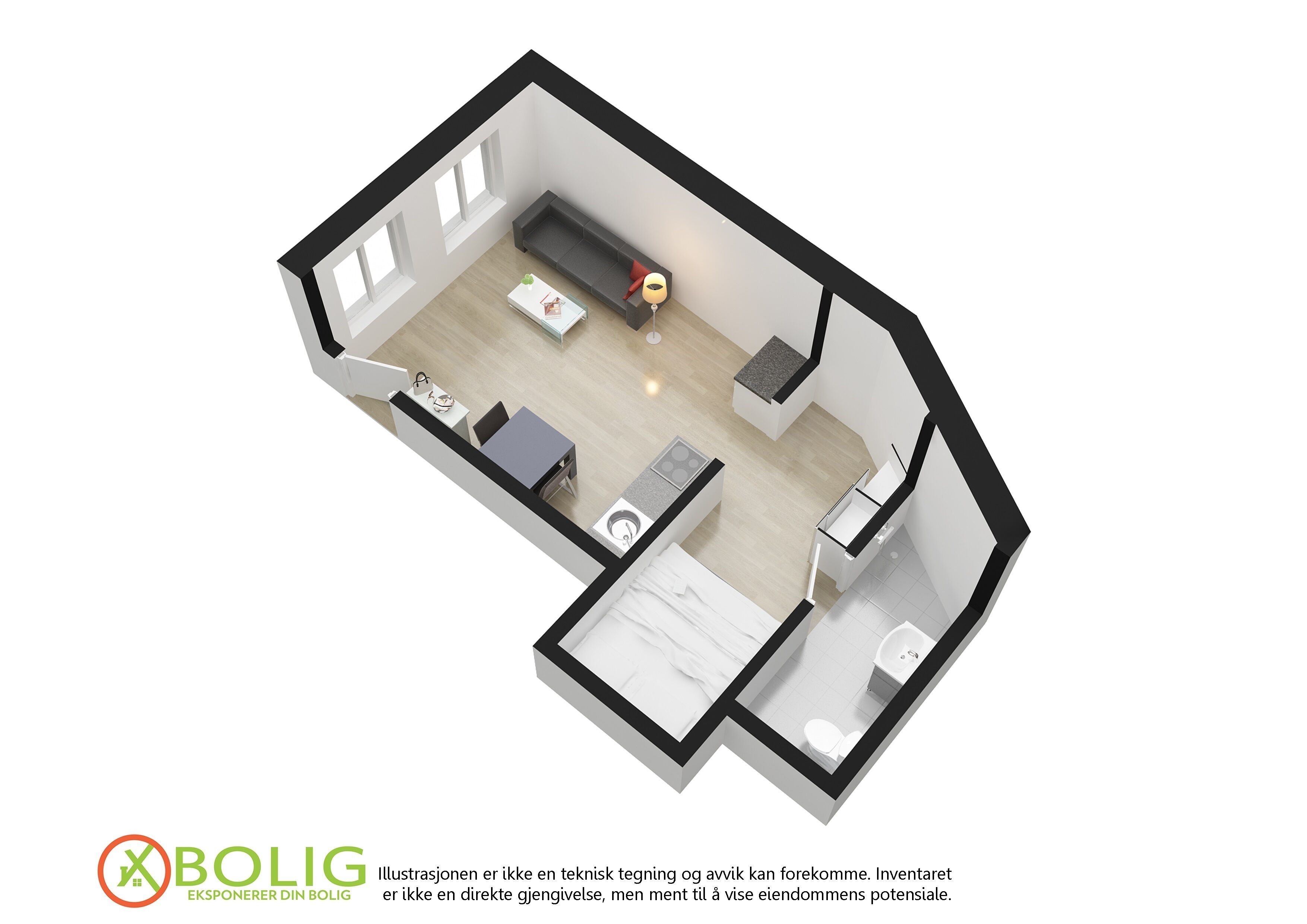 Plano de planta en 3D de un apartamento moderno que incluye sala de estar, comedor, cocina y baño.