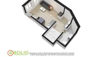 Plano de planta en 3D de un apartamento moderno que incluye sala de estar, comedor, cocina y baño.