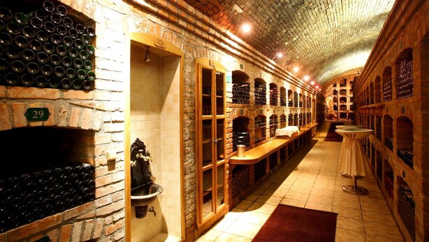 A wine cellar with brick walls, wine racks, and wooden benches. - Garni hotel Matysak (Bratislava)