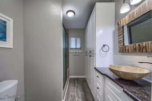 Combined shower/bathtub, hair dryer