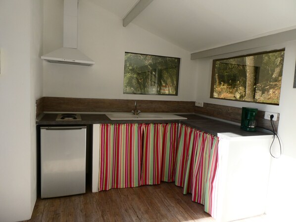 Réfrigérateur, micro-ondes, plaque de cuisson, cafetière/bouilloire