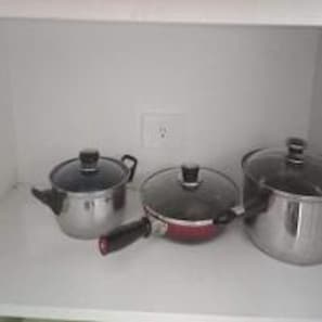 Fridge, electric kettle, cookware/dishes/utensils, spices