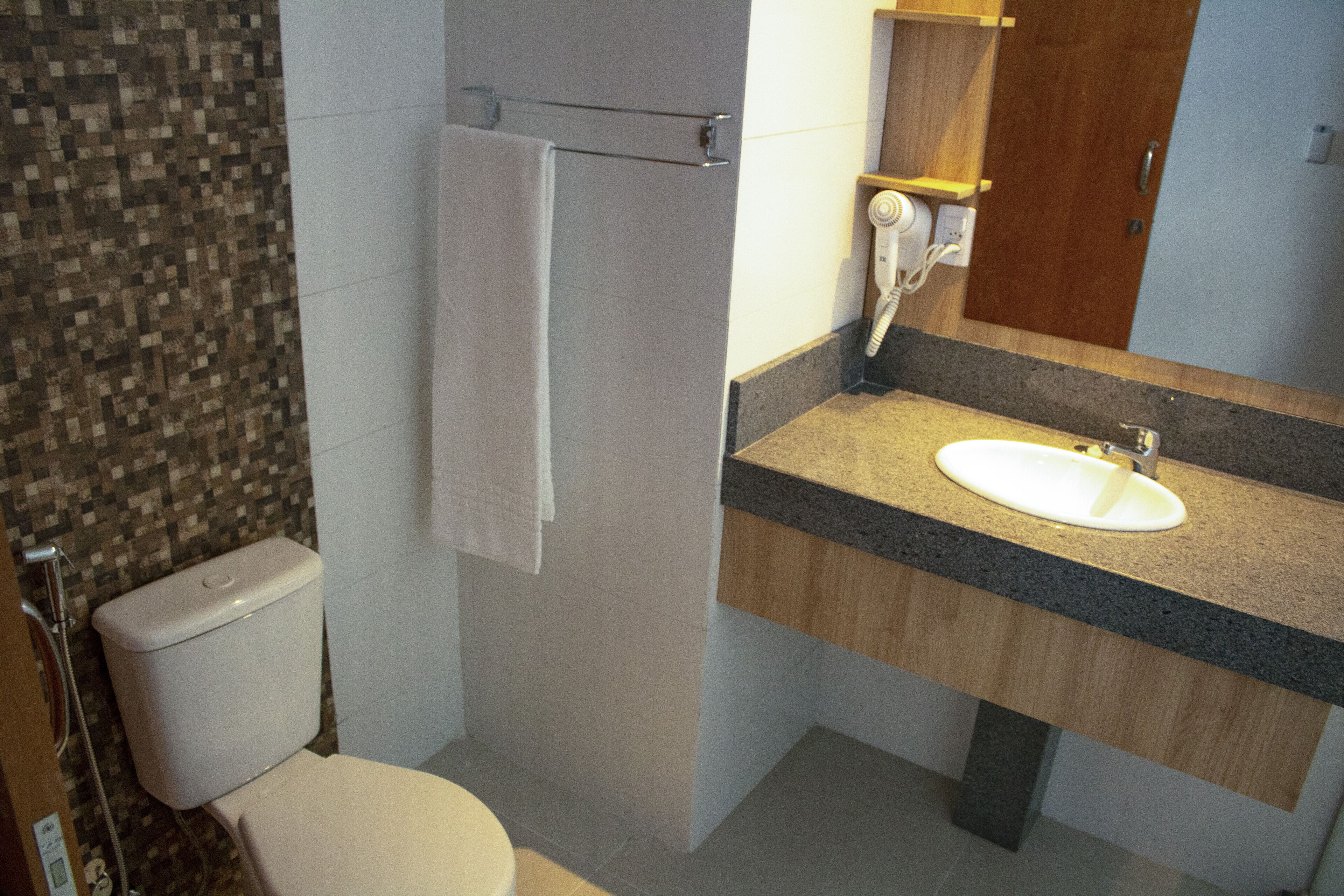 hair dryer, towels, soap, shampoo