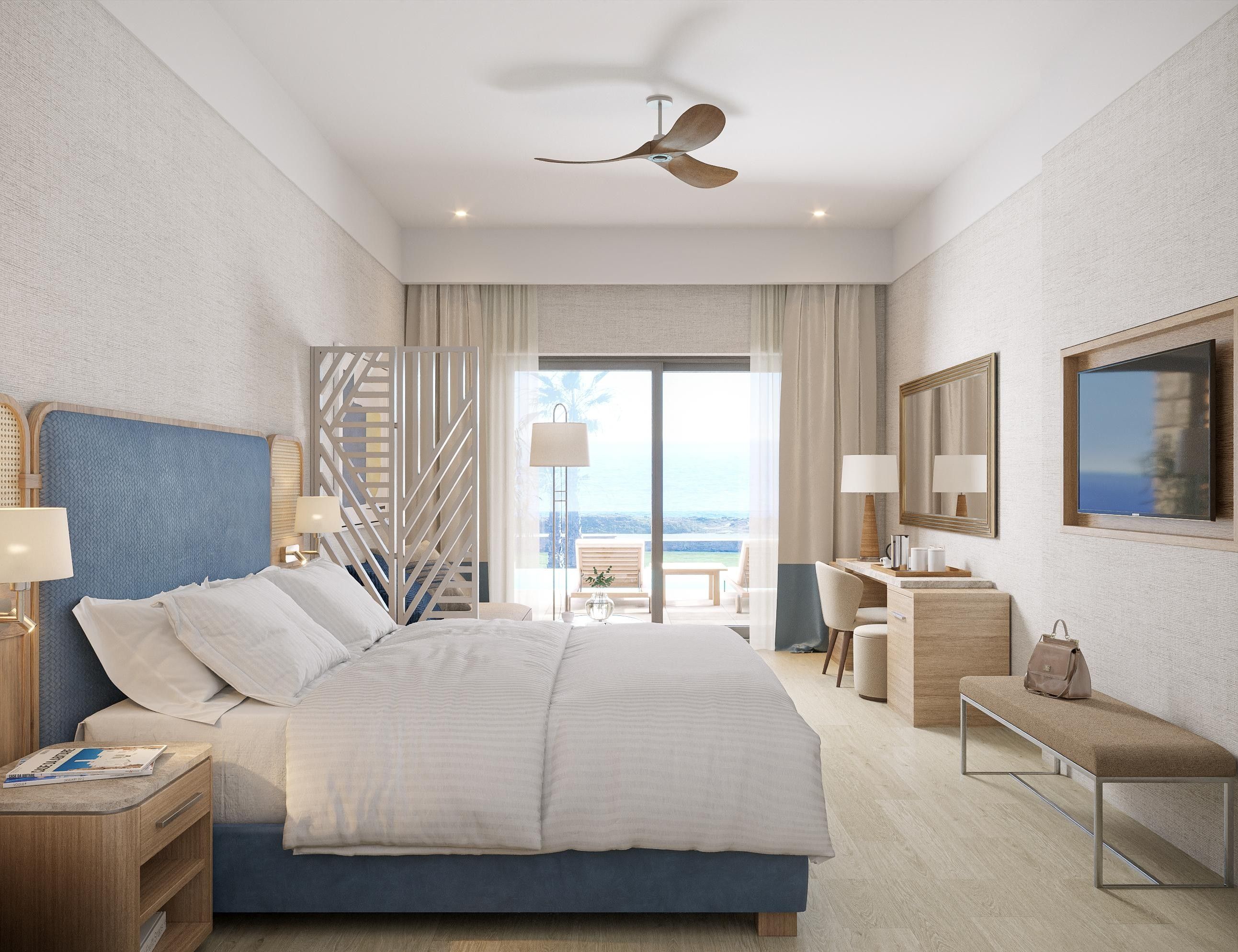 A modern hotel room with a large bed, a desk, a chair, a TV, and a view of the outdoors.