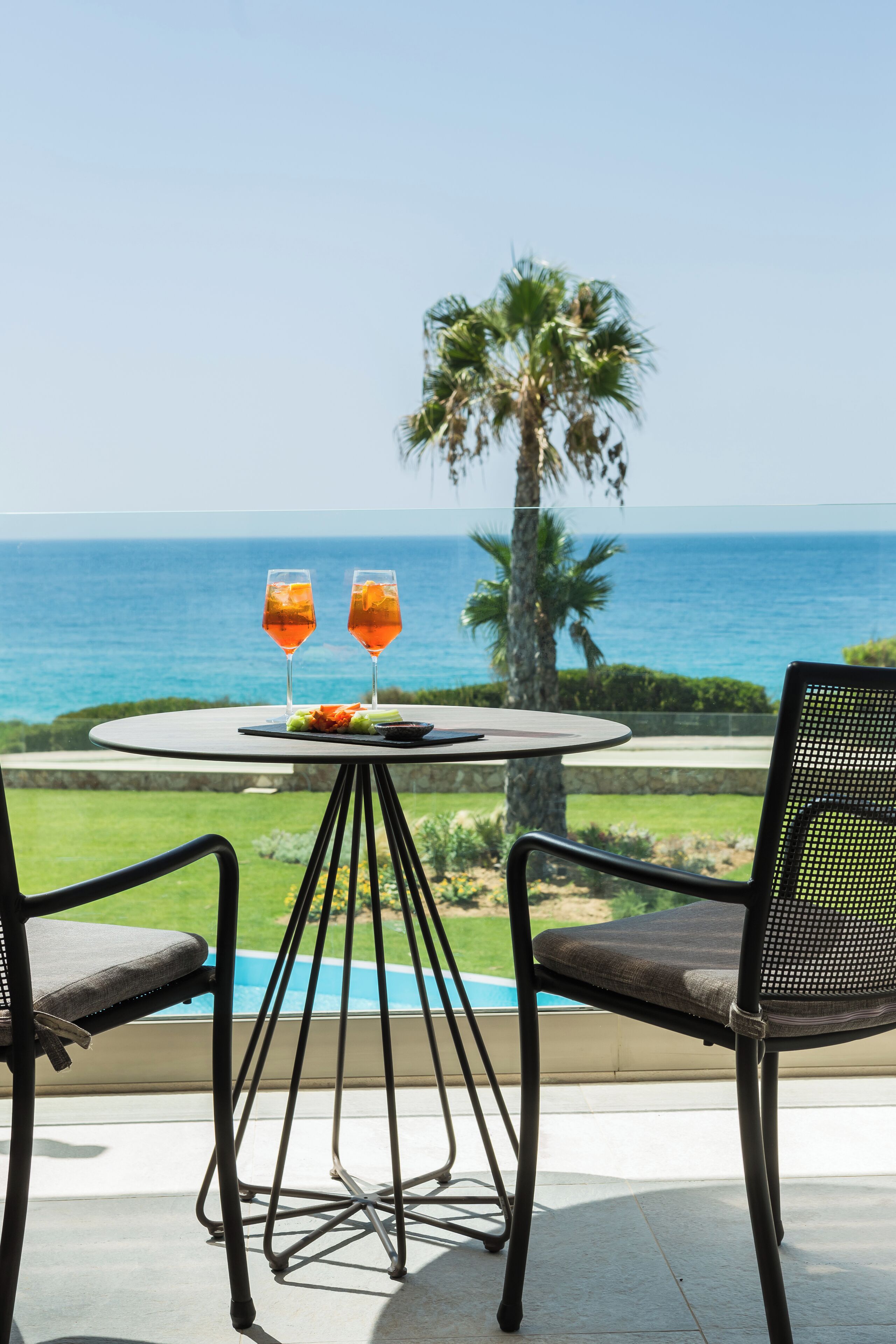 A table with two glasses of a beverage, a plate with food, and a view of the ocean and palm trees.