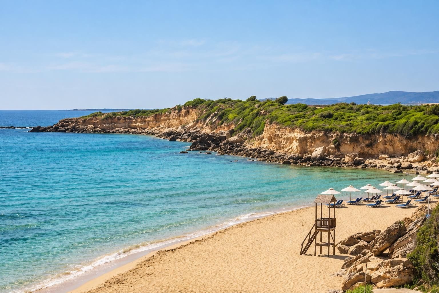 Une plage à l’eau turquoise et limpide, avec un rivage sablonneux, et un poste de surveillance des sauveteurs équipé de parasols et de chaises longues.
