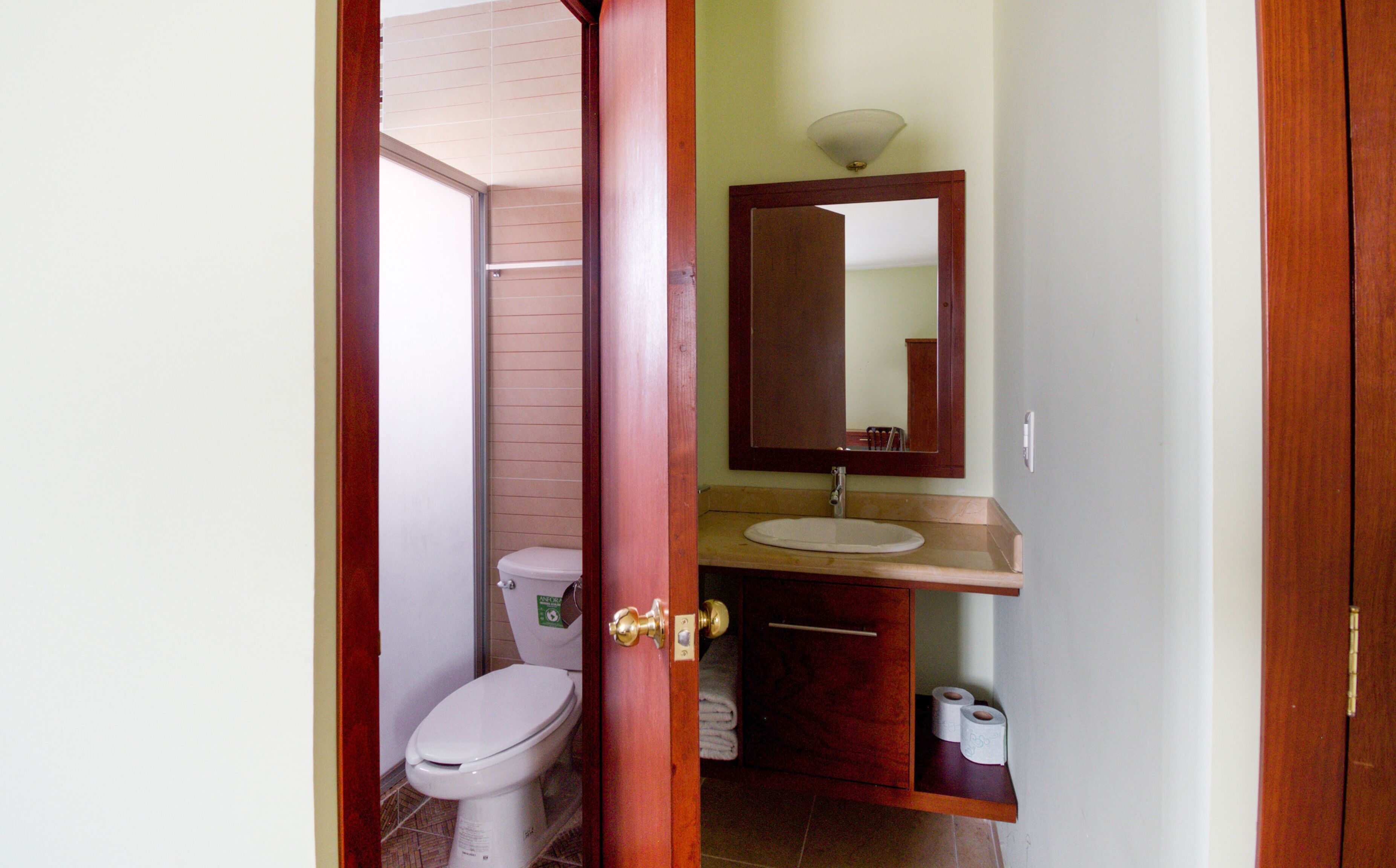 A bathroom with a toilet, sink, and mirror.
