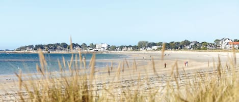 A beach with a clear view of the shoreline, a few people walking, and buildings in the background.