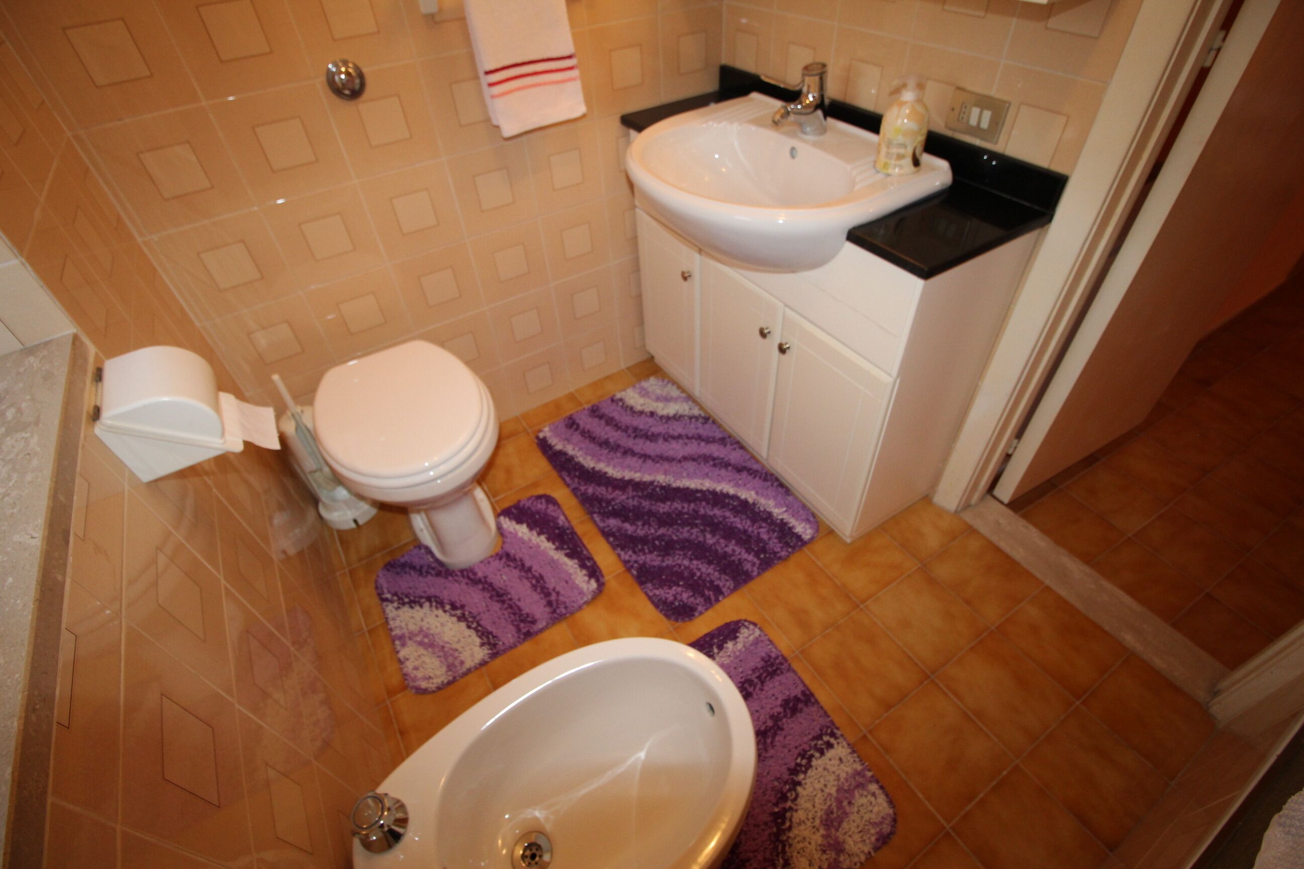 Baño con inodoro, lavamanos y bañera. Hay dos felpudos morados en el suelo.