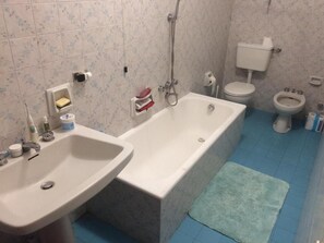 Combined shower/bathtub, hair dryer, bidet, towels