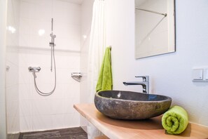 Douche, séchoir à cheveux, serviettes fournies