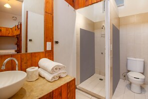 Standaard vierpersoonskamer | Badkamer | Een douche, een haardroger, handdoeken, zeep