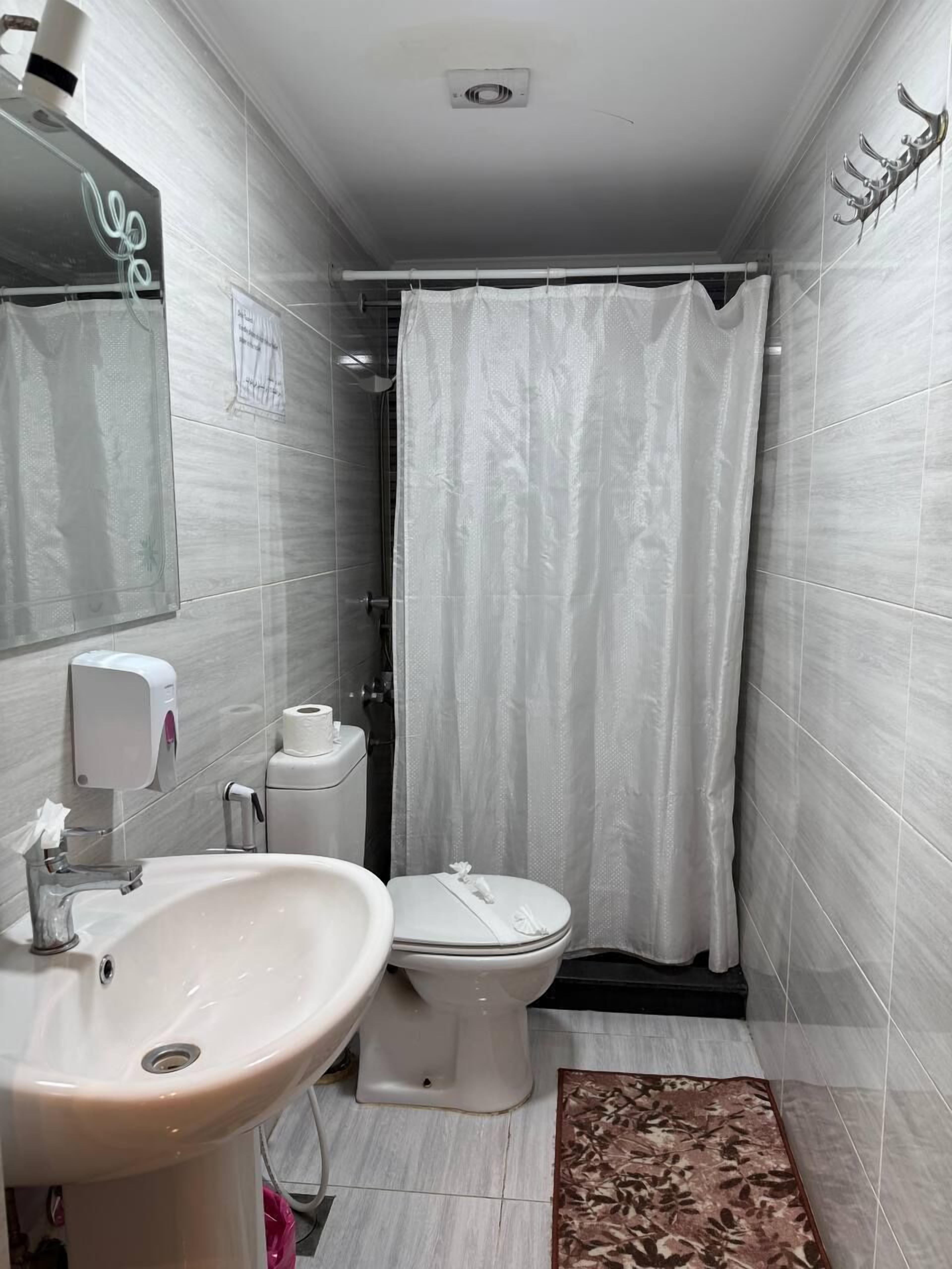 Une salle de bain équipée d’un lavabo, de toilettes et d’un rideau de douche.