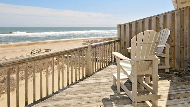 A wooden deck with a view of the beach and ocean. - Starlights Condos, OCEANFRONT, Extraordinary View, Together Yet Private! (Buxton)