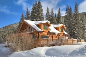 A log cabin with a snow-covered roof, surrounded by tall pine trees and a clear blue sky.