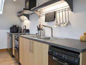 A modern kitchen with a dishwasher, oven, and a built-in stove.