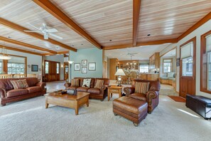 TV, fireplace, books