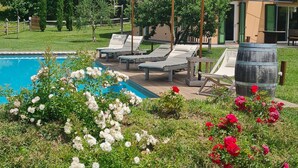 A poolside area with lounge chairs and umbrellas, surrounded by a garden with white and red flowers, and a house with a satellite dish in the background. - LA COMMISSERIA Beautiful new house with private pool surrounded by nature (Salò)