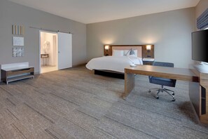 Desk, laptop workspace, blackout curtains, iron/ironing board