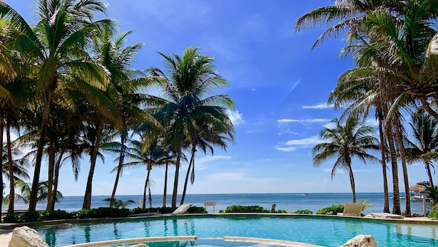 A pool area with palm trees and a view of the ocean. - Coral Bay Villas (San Pedro)