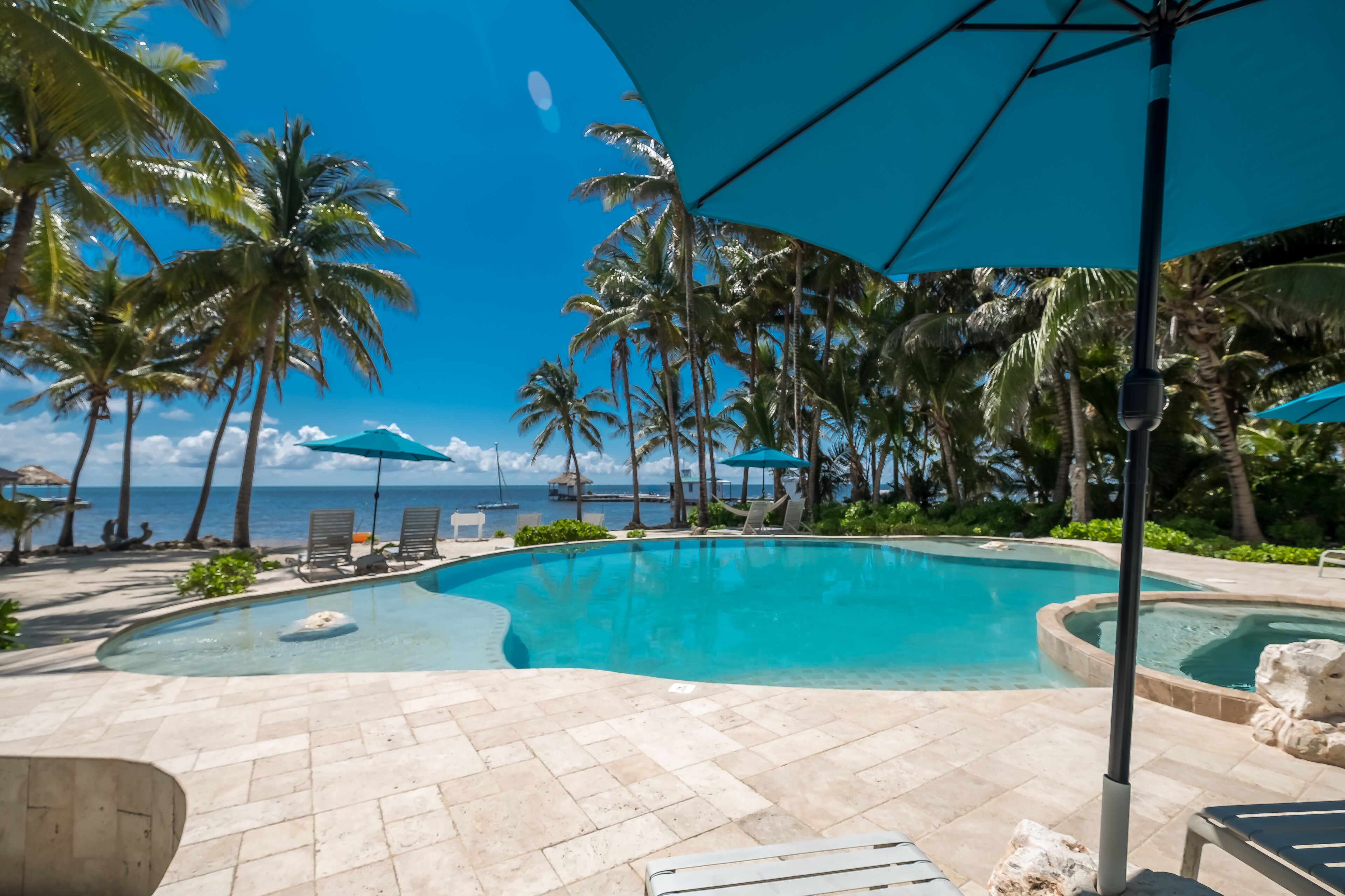 A pool area with lounge chairs, umbrellas, and palm trees.
