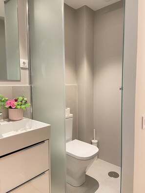 Chuveiro, secador de cabelo, toalhas de banho