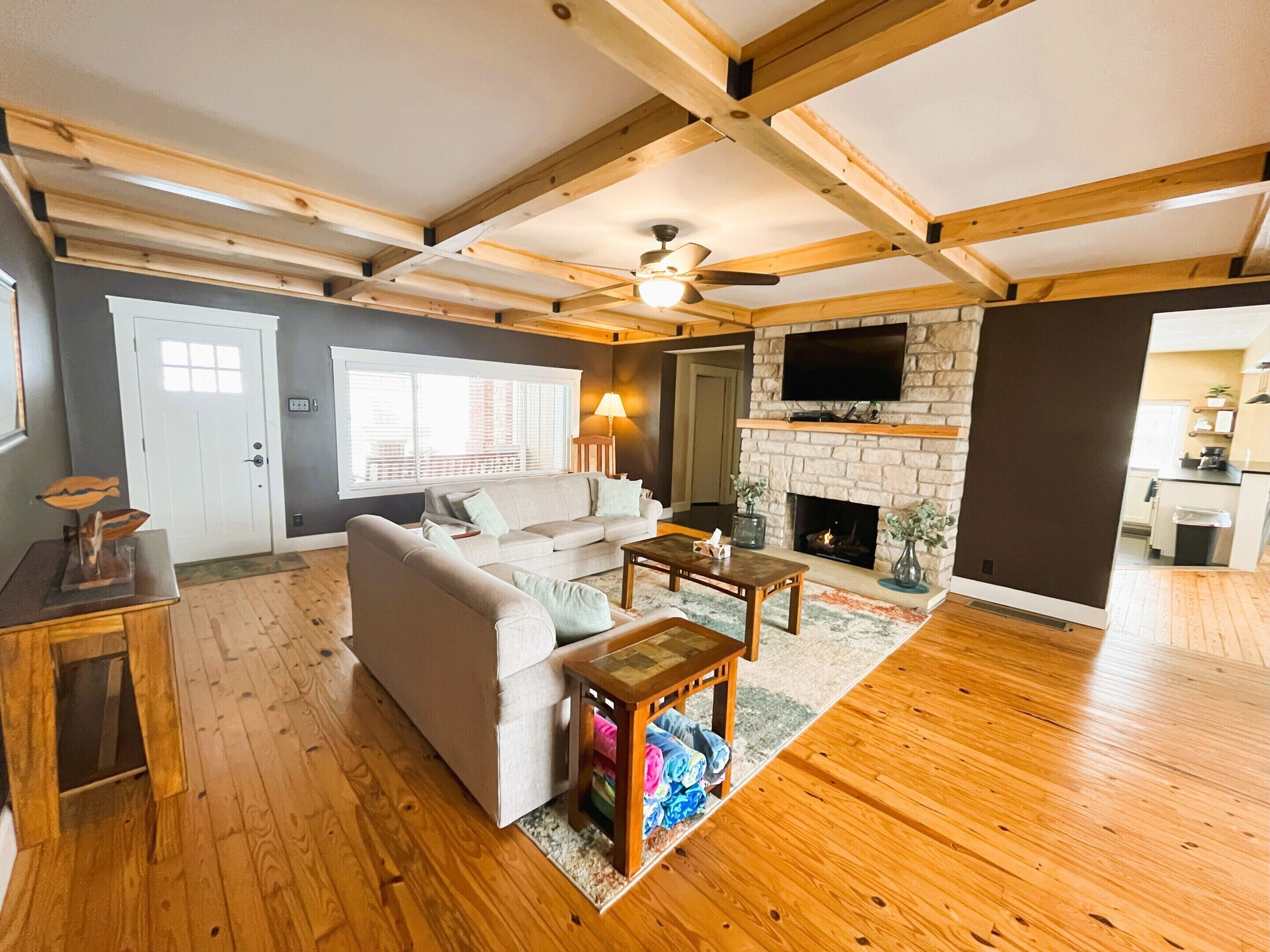 TV, fireplace, DVD player, books