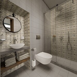 Chambre Double Design | Salle de bain | Articles de toilette gratuits, sèche-cheveux, peignoirs, chaussons