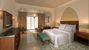 A hotel room with a bed, a desk, a chair, a bench, a TV, and a large arched window. - Doubletree by Hilton Resort & Spa Marjan Island (Ras Al Khaimah)