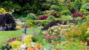 A garden with a statue, various plants, and flowers. - 50+ acre Nature Preserve with Ponds & Meadows: Azul Cottage Retreat (Mendocino)