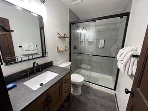 Combined shower/tub, towels, shampoo, toilet paper