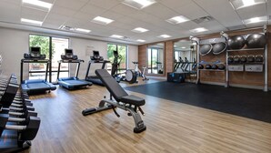 A gym with treadmills, elliptical machines, a bench press, free weights, and exercise balls.