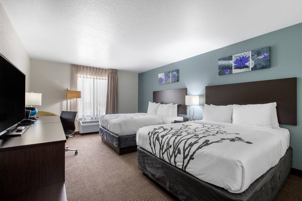 A hotel room with two beds, a desk, a TV, and a window with curtains.