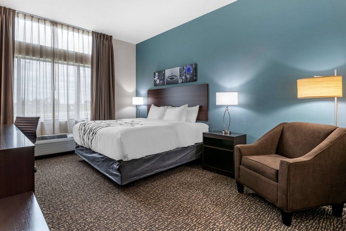 A hotel room with a bed, a desk, a chair, and a nightstand with lamps.