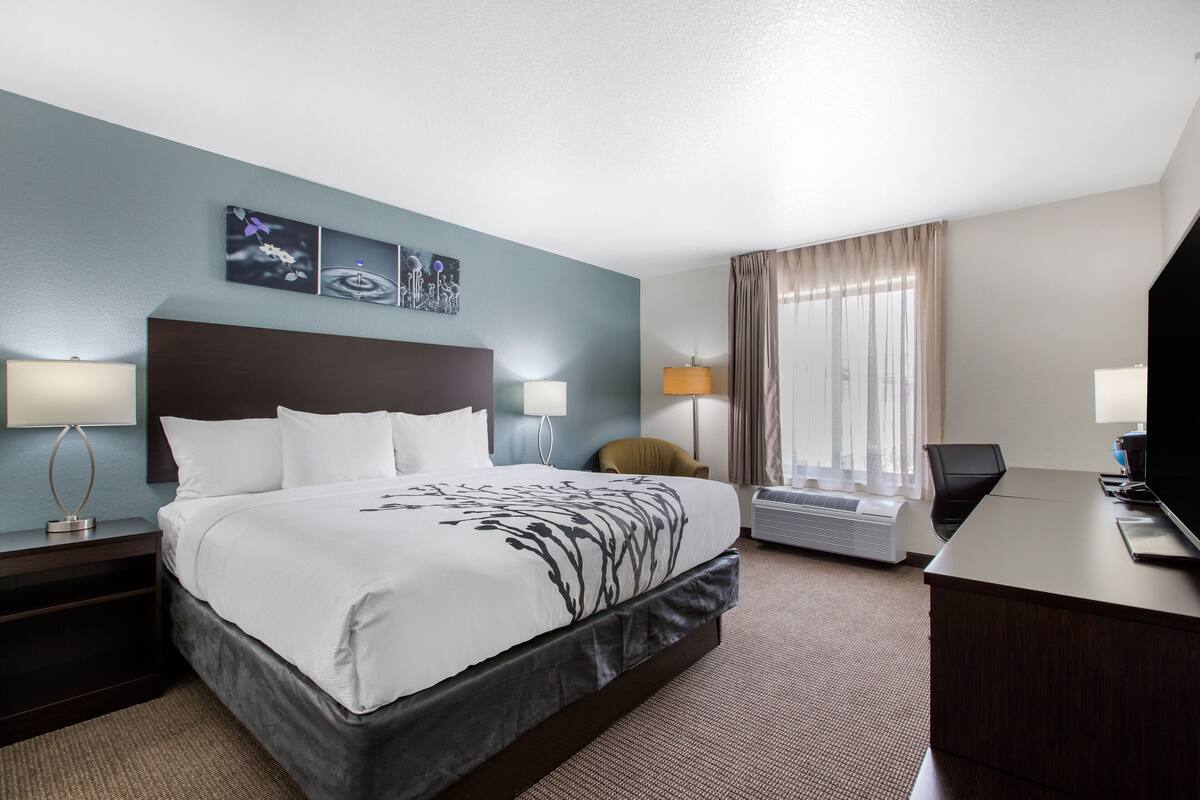 A hotel room with a large bed, two bedside tables with lamps, a desk with a television, and a window with curtains.