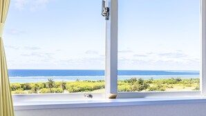 Una ventana con vistas al océano y vegetación.