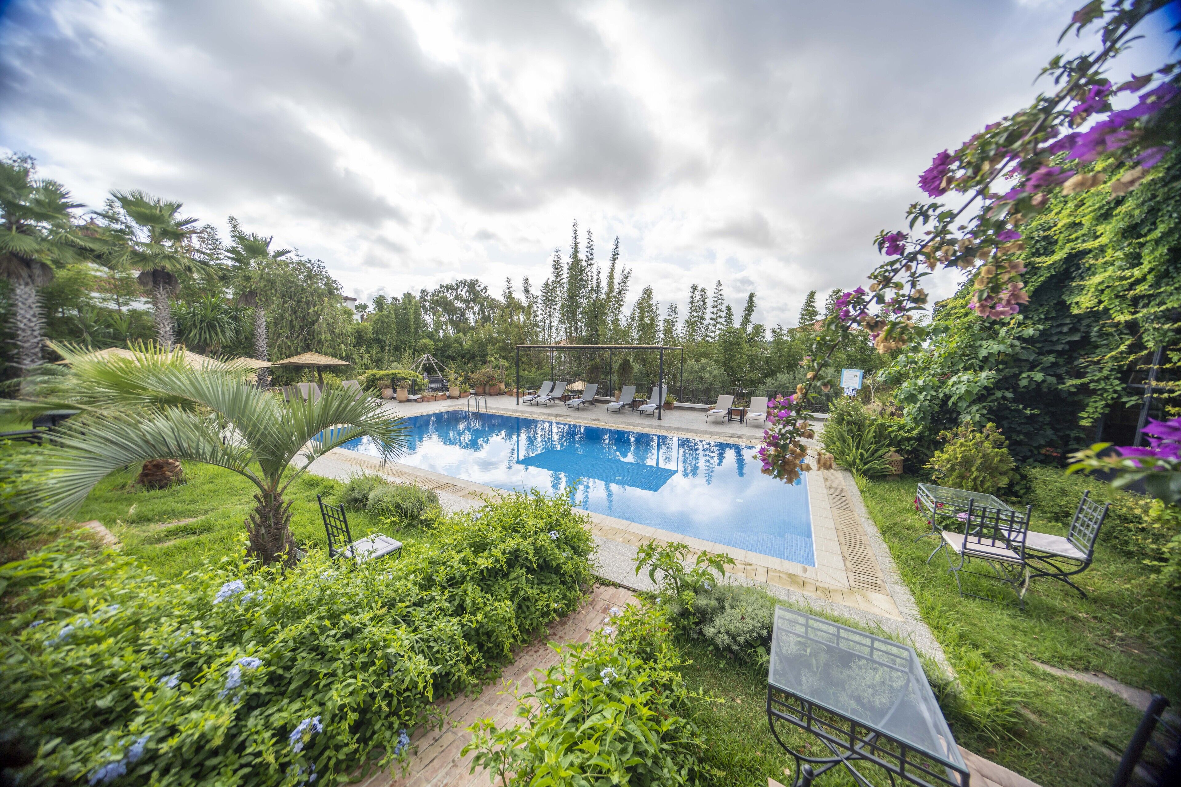 A swimming pool surrounded by lush greenery and a pergola with lounge chairs.