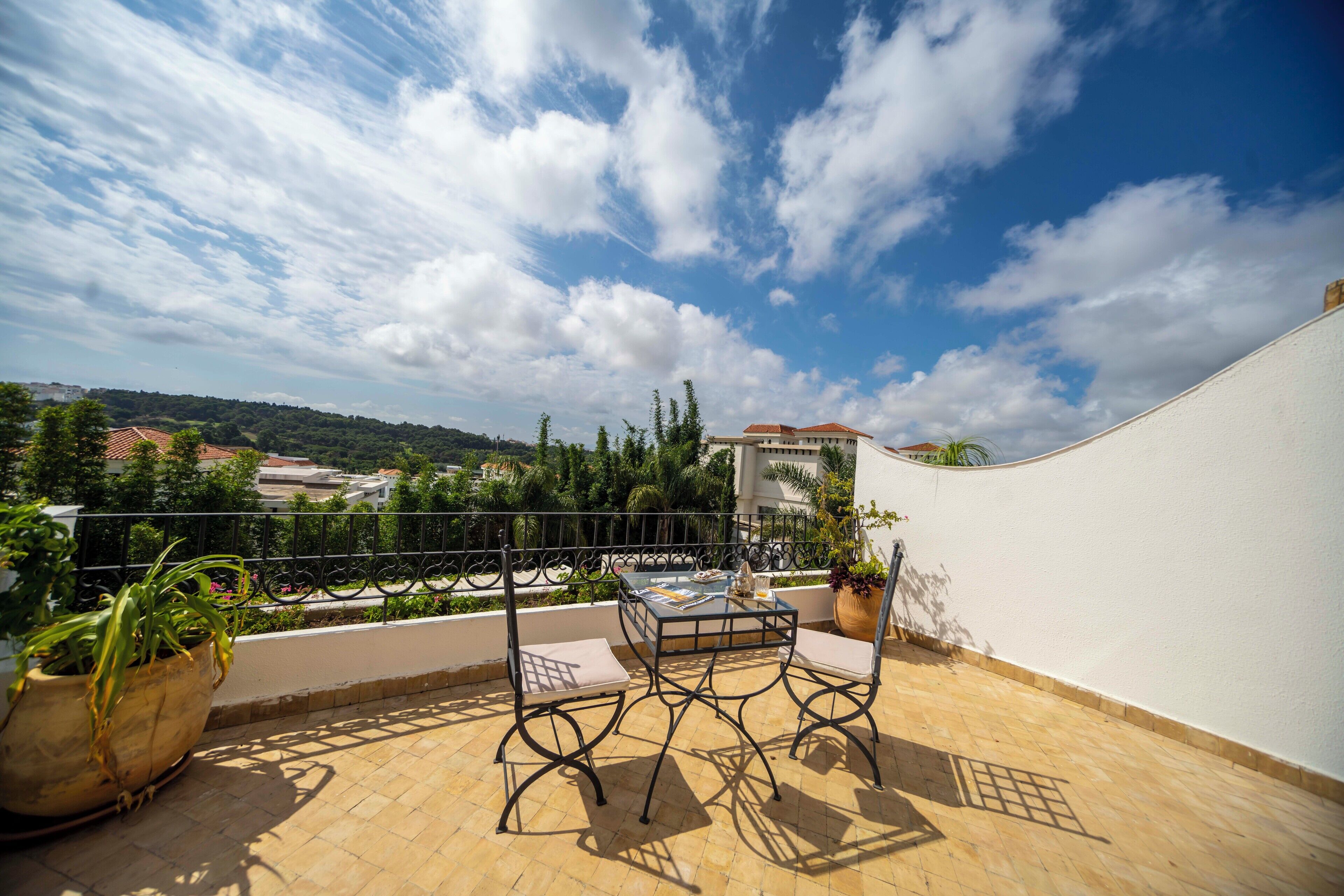 Une terrasse avec une table et des chaises, un pot de fleurs et une vue sur les environs.