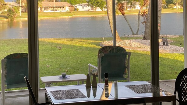 A patio with a table and chairs overlooking a lake, with a grassy area and trees in the background. - Swan Lake House in Sun City Center with 60' Screened Lanai (Sun City Center)