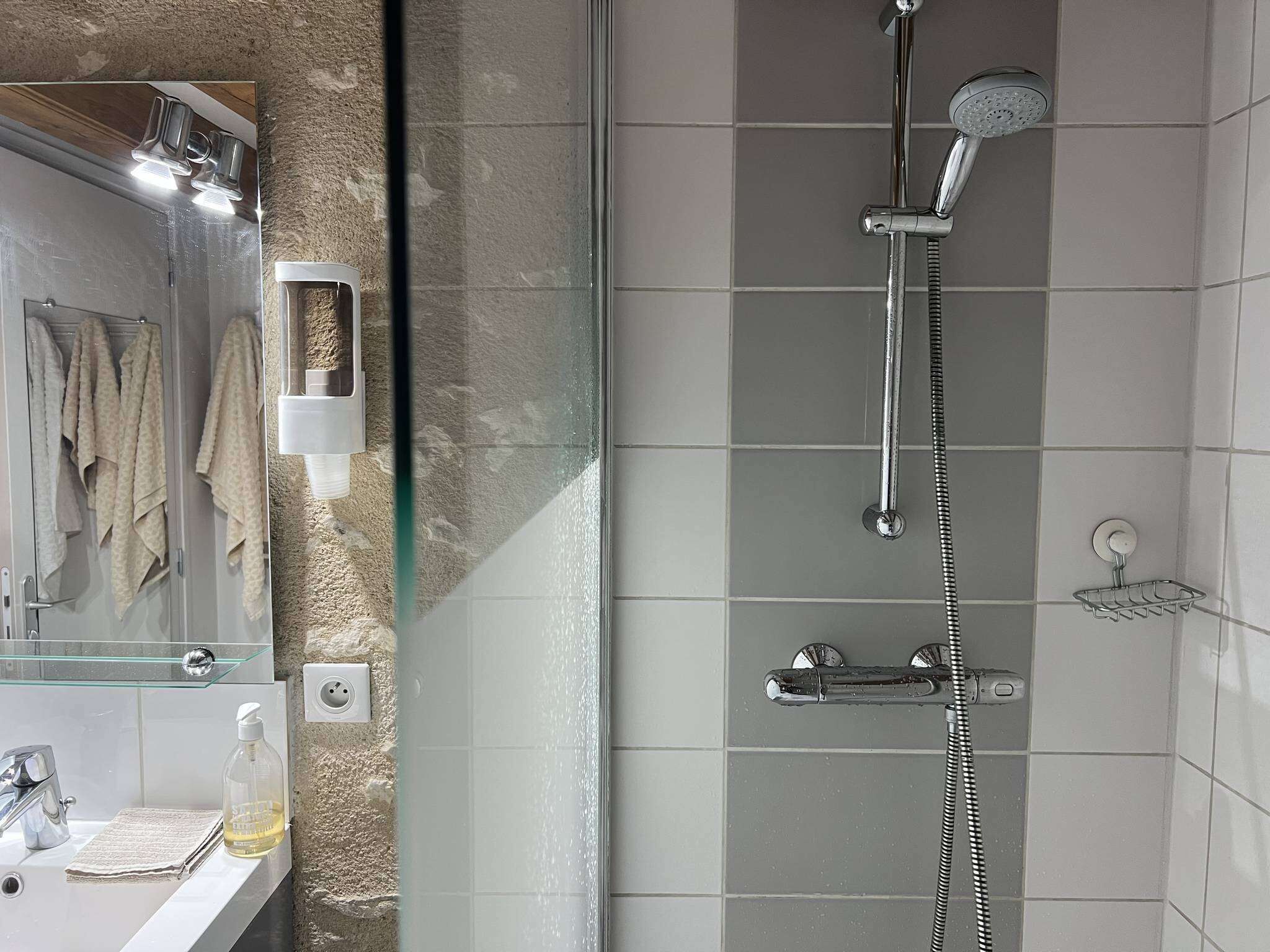 A modern bathroom with a glass shower enclosure, a visible towel rack, a sink with a mirror, and a soap dispenser.