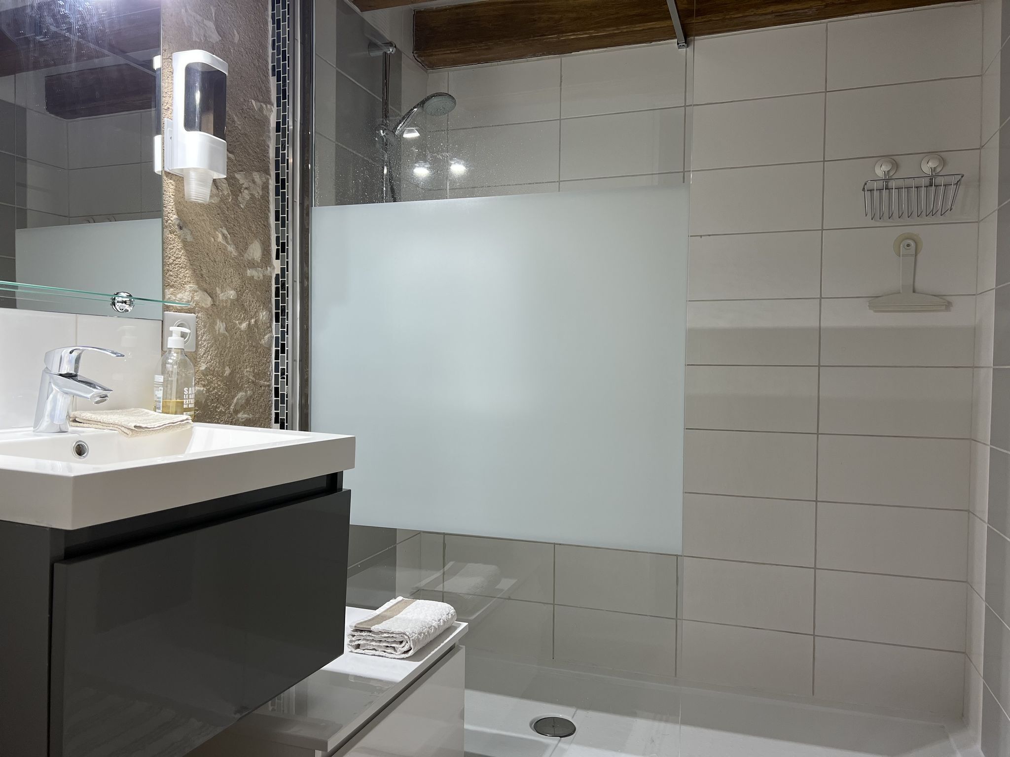 A modern bathroom with a glass shower enclosure, a white sink with a soap dispenser, and a towel rack.