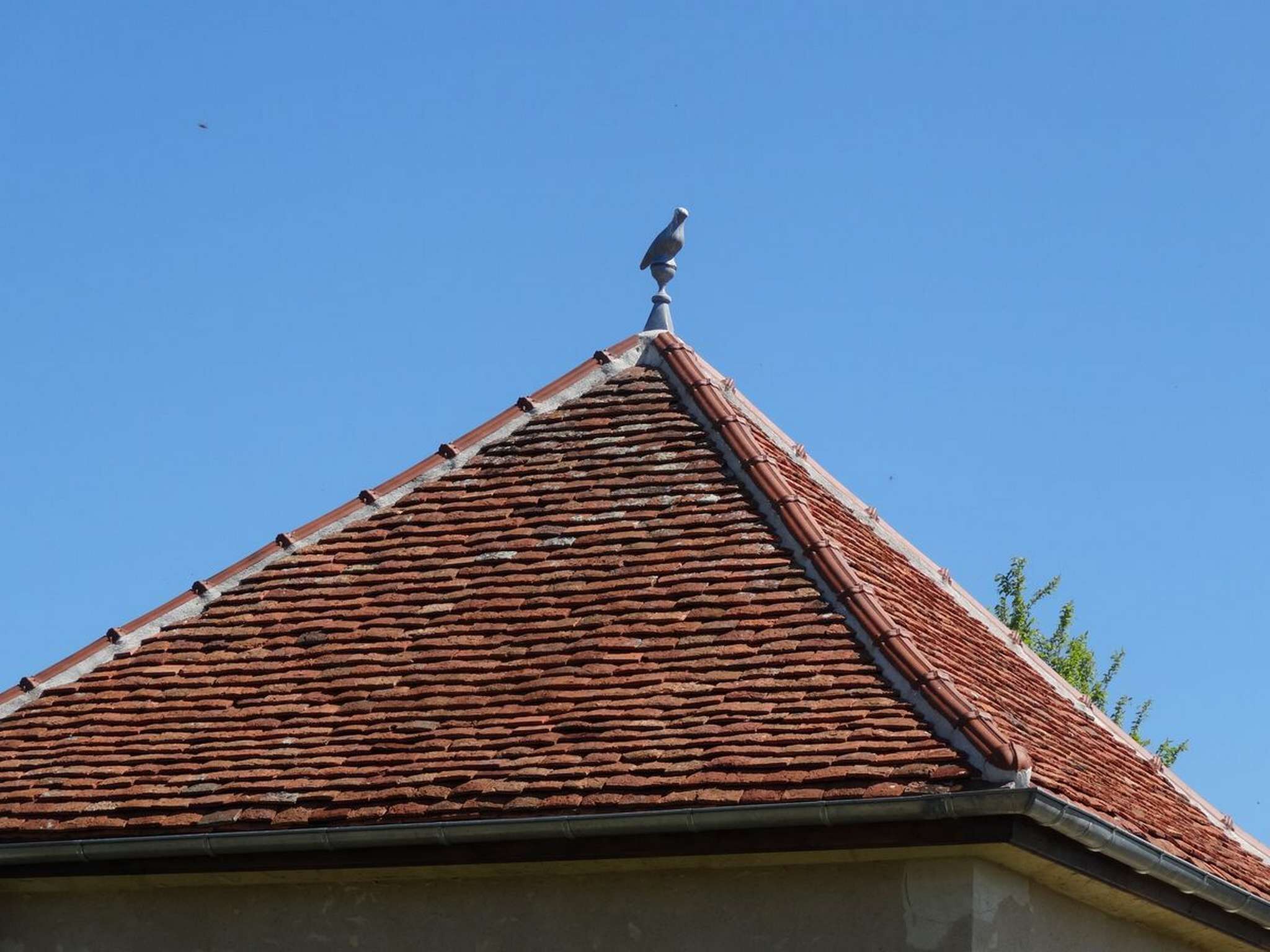 Un edificio con techo de tejas rojas y un pájaro posado en la cima.