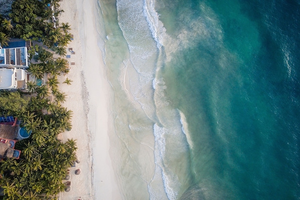 Vista aérea de una playa con un complejo turístico, que incluye una zona de piscina, palmeras y olas del océano.