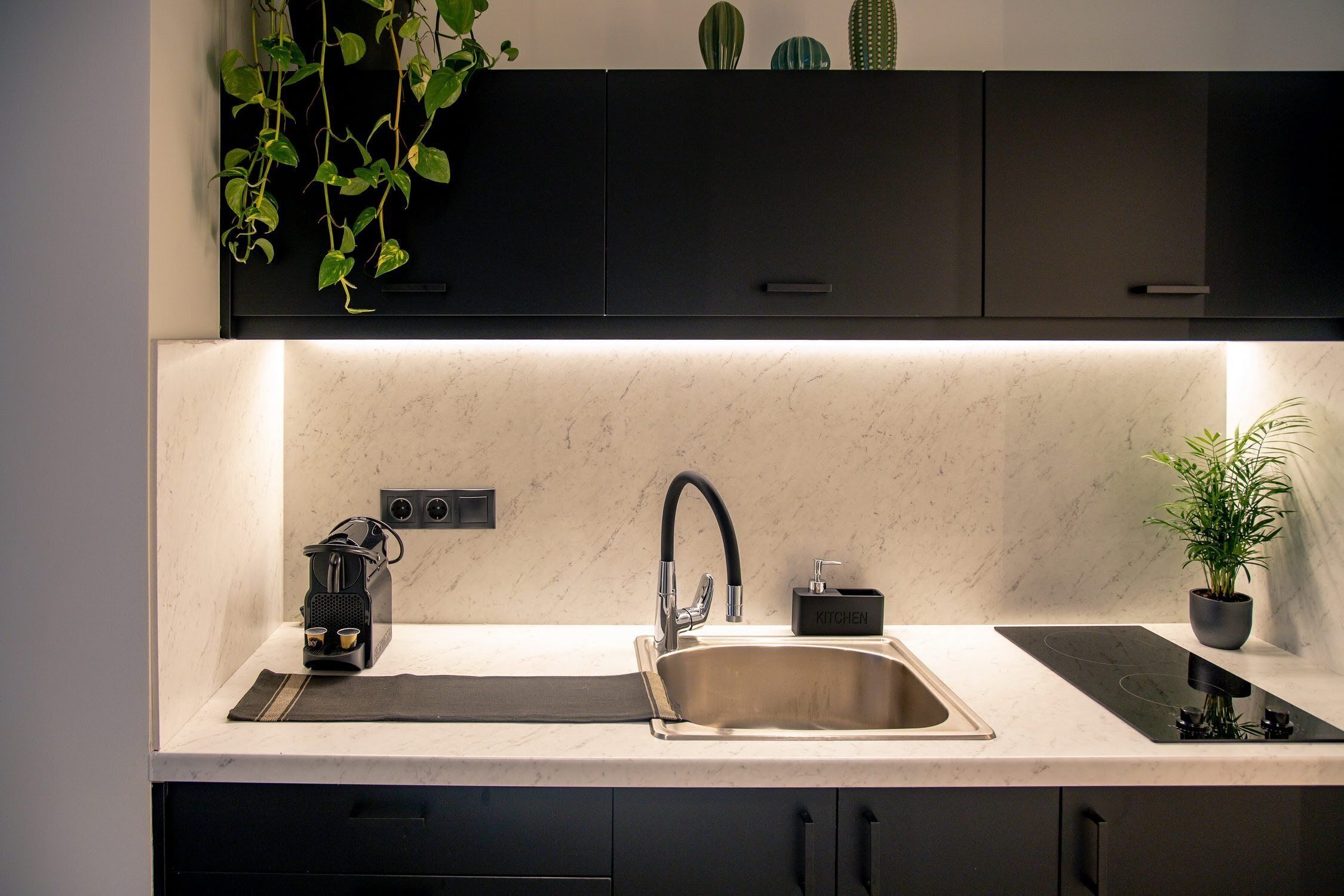 Microwave, coffee/tea maker, cookware/dishes/utensils, paper towels