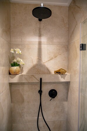 Hair dryer, towels, soap, shampoo