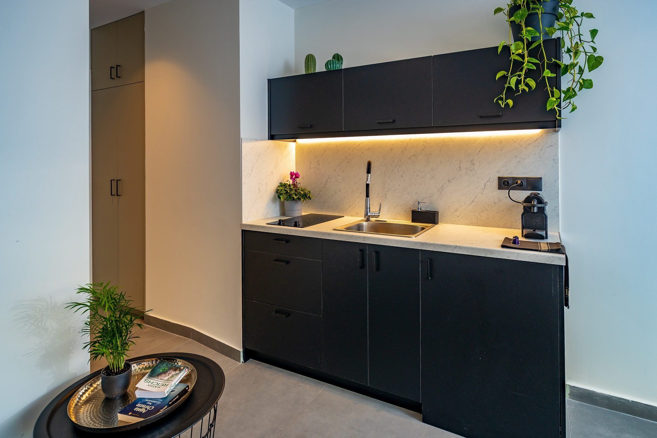 Kjøleskap, mikrobølgeovn, kokeplater og kaffetrakter/tekoker