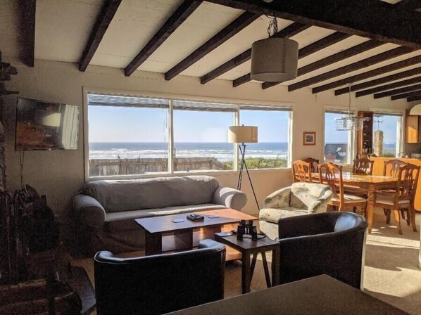 TV, fireplace, books