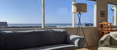 TV, fireplace, books