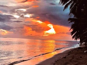 A beach with a sunset, palm trees, and calm sea. - Vaima Studio -steps from the best beach + value for money, air con, free WIFI ! (Vaimaanga Tapere)